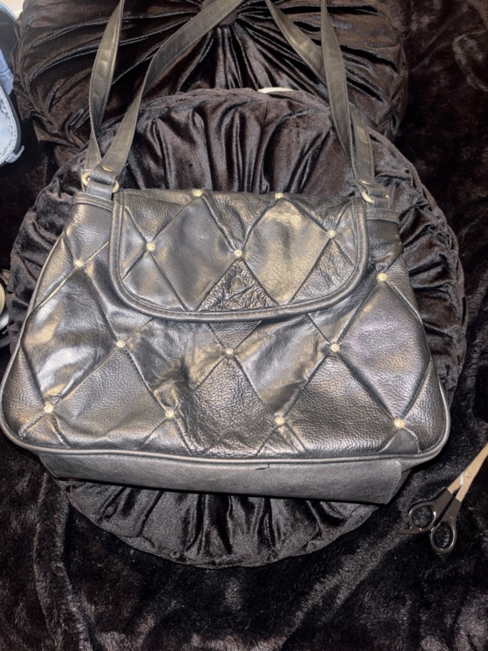 Black Quilted Leather Shoulder Bag with Stud Detail